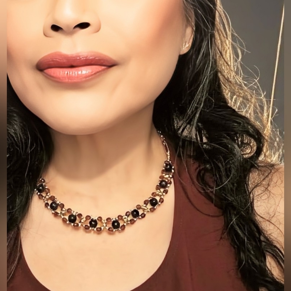 Gilded Earth Garnet In Tourmaline Stones & Spessartine In Handwoven Necklace